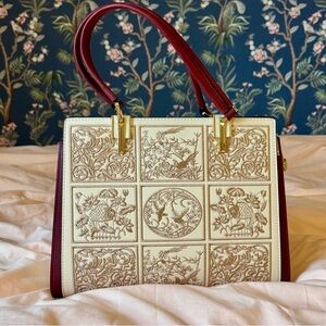 NWT Embroidered Cream and Burgundy hand bag with scarf and crossbody strap
